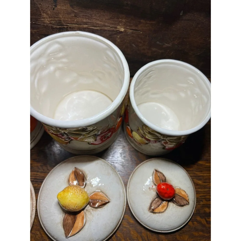 VTG Napcoware Japan 4 Piece Ceramic Fruit Canister Set Cream Grannycore